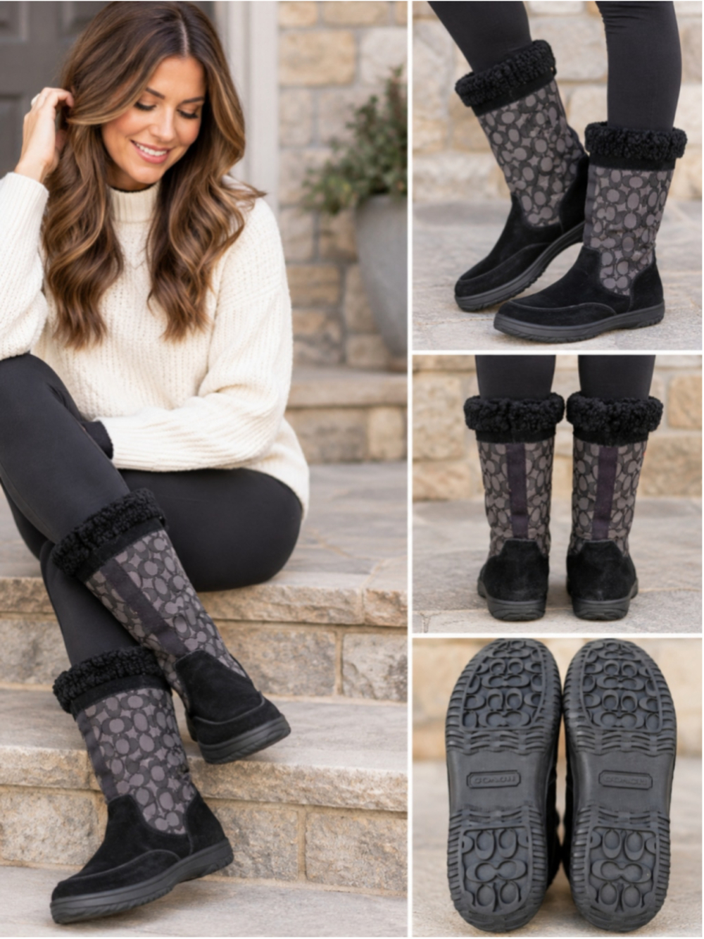 Coach Sherman Signature A00771 Black Smoke Gray Shearling Winter Boots Size 11B